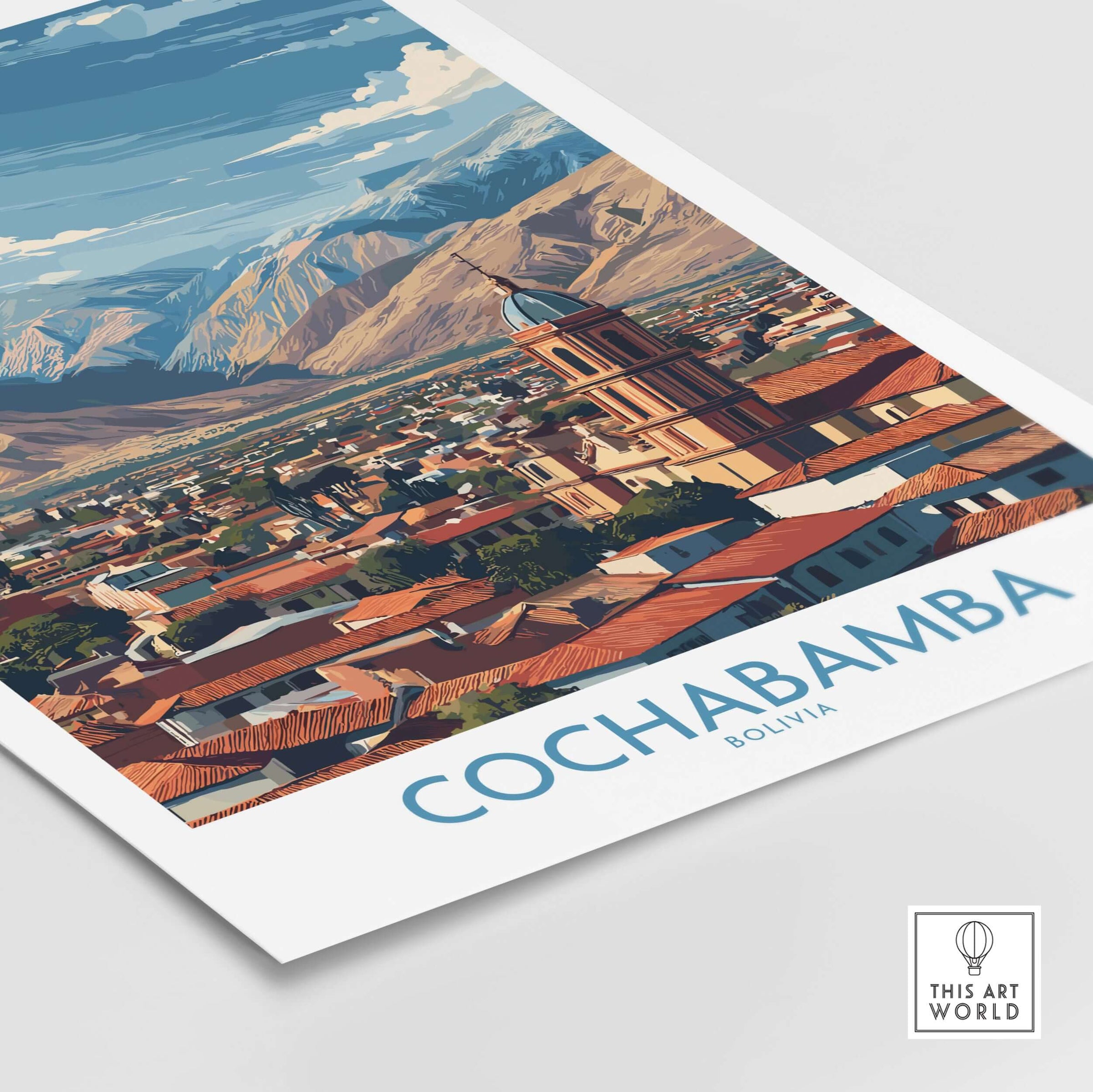 Cochabamba Bolivia City Wall Art - Bolivian Travel Decor featuring a vibrant landscape and architecture of Cochabamba.