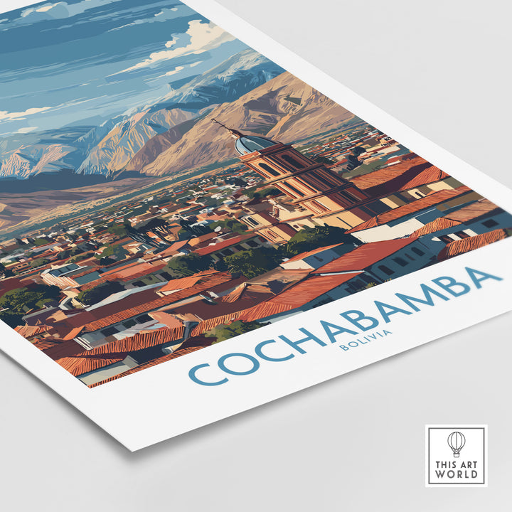 Cochabamba Bolivia city wall art showcasing vibrant landscapes and cultural charm, perfect for travel decor enthusiasts.