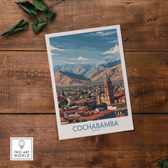 Cochabamba Bolivia City Wall Art - Bolivian Travel Decor depicting the vibrant cityscape with mountains in background.