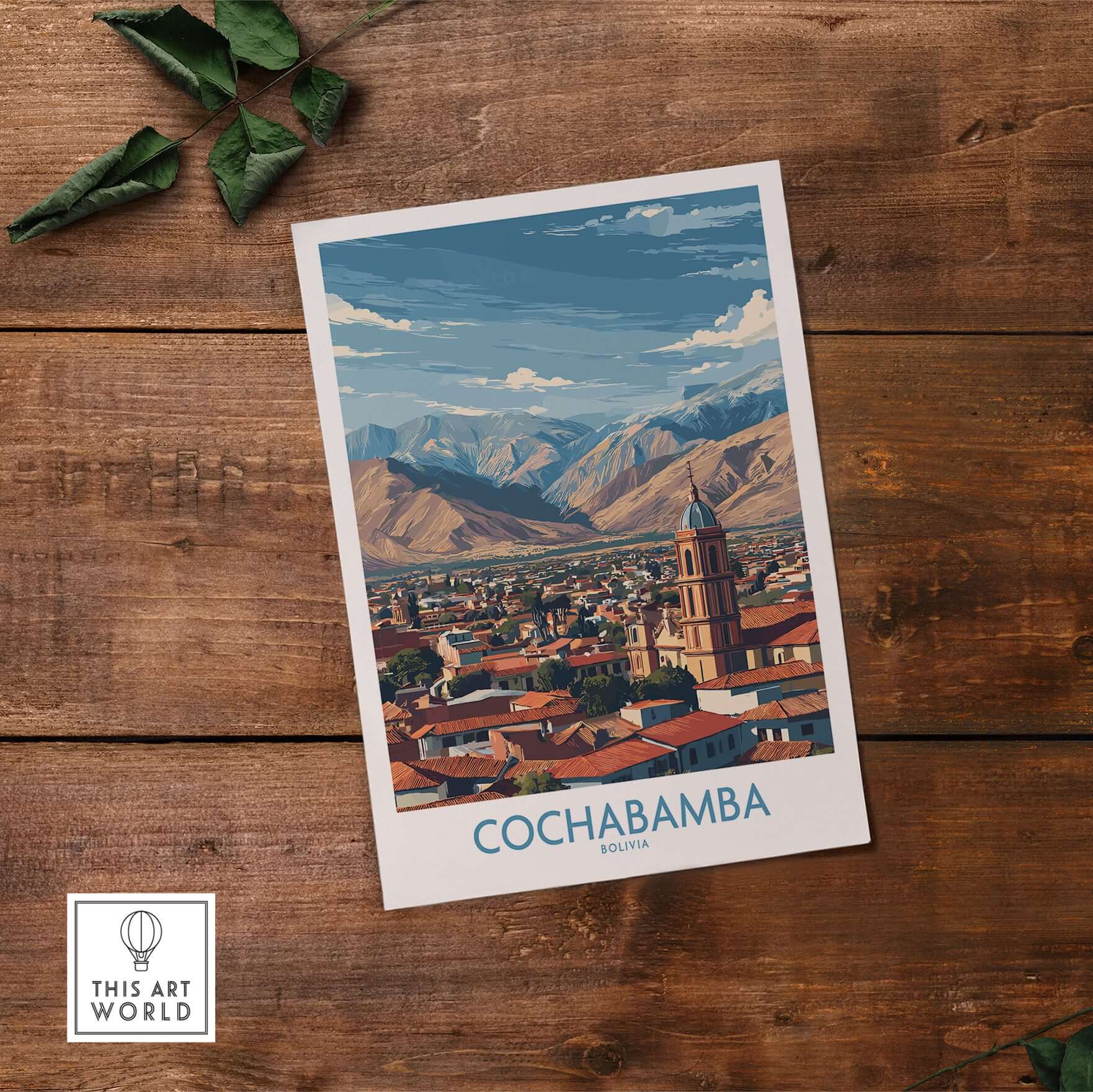 Cochabamba Bolivia City Wall Art - Bolivian Travel Decor depicting the vibrant cityscape with mountains in background.