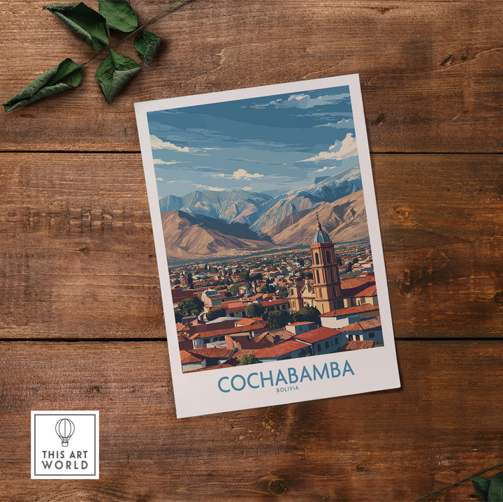 Cochabamba Bolivia city wall art showcasing vibrant cityscape and mountains, perfect for travel decor.