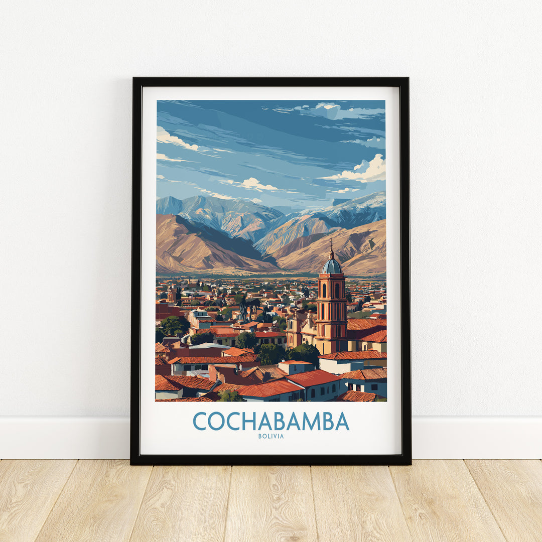 Cochabamba Bolivia city wall art featuring mountains and vibrant architecture in a stylish frame.