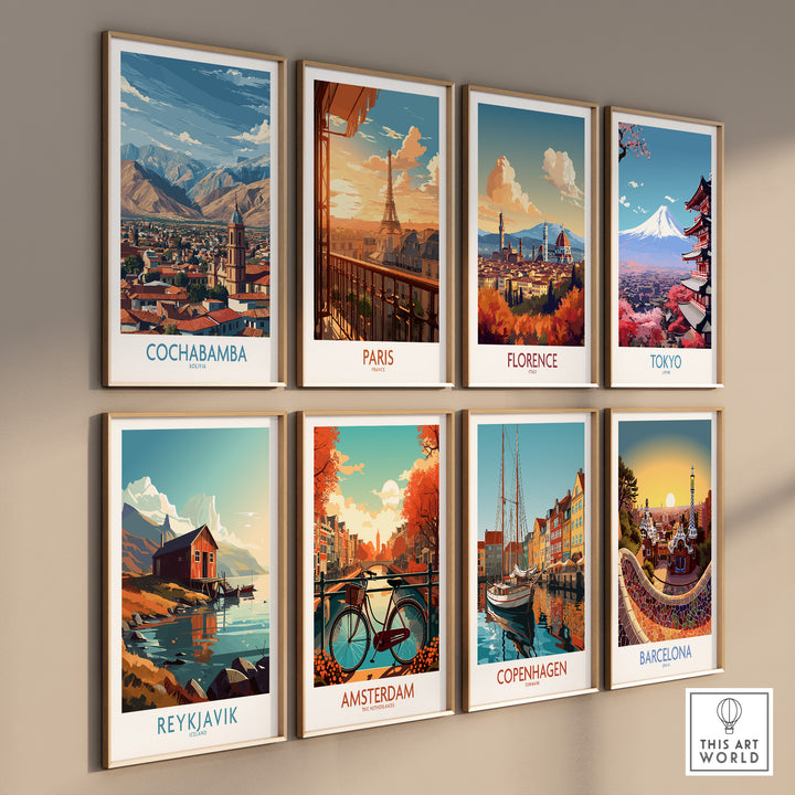 Colorful wall art featuring cityscapes of Cochabamba, Paris, Florence, Tokyo, Reykjavik, Amsterdam, Copenhagen, and Barcelona.