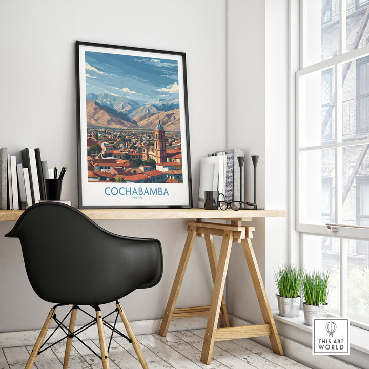 Cochabamba Bolivia city wall art displayed in a modern workspace, showcasing vibrant South American culture.