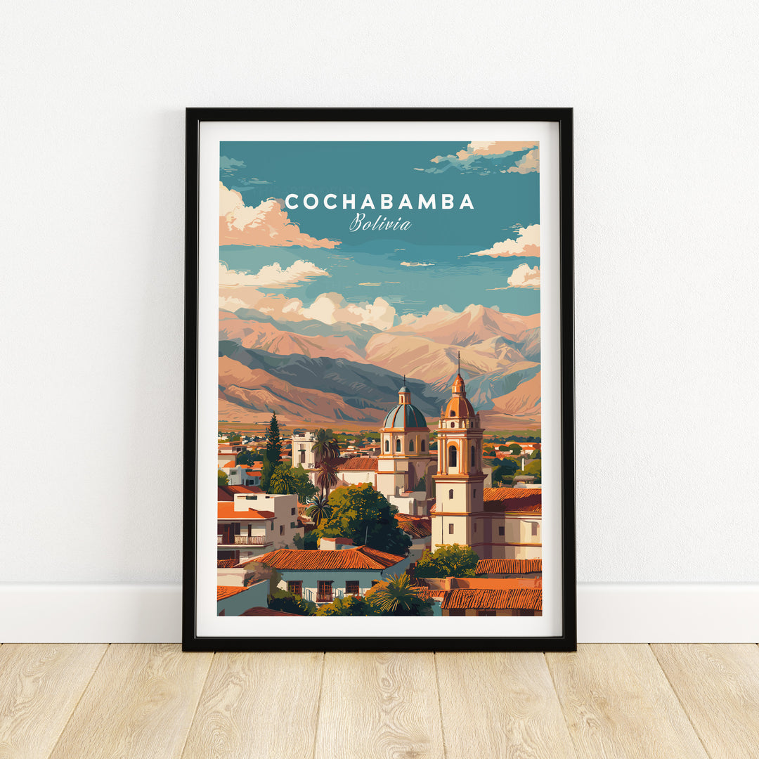 Cochabamba Bolivia cityscape poster featuring Andean mountains and vibrant urban architecture.