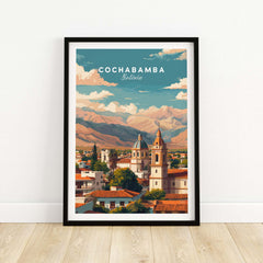 Cochabamba Bolivia Cityscape Mountains Poster - Andean Travel Wall Art showcasing a vibrant urban landscape against the Andes.