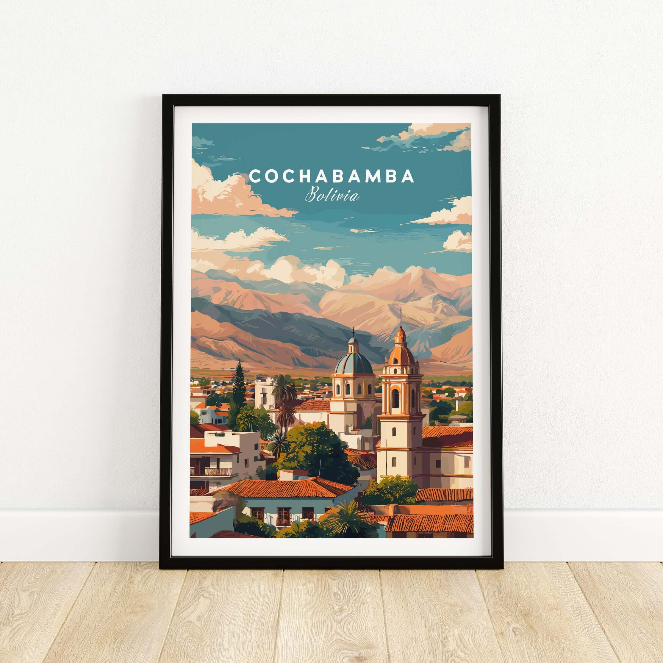 Cochabamba Bolivia Cityscape Mountains Poster - Andean Travel Wall Art showcasing a vibrant urban landscape against the Andes.