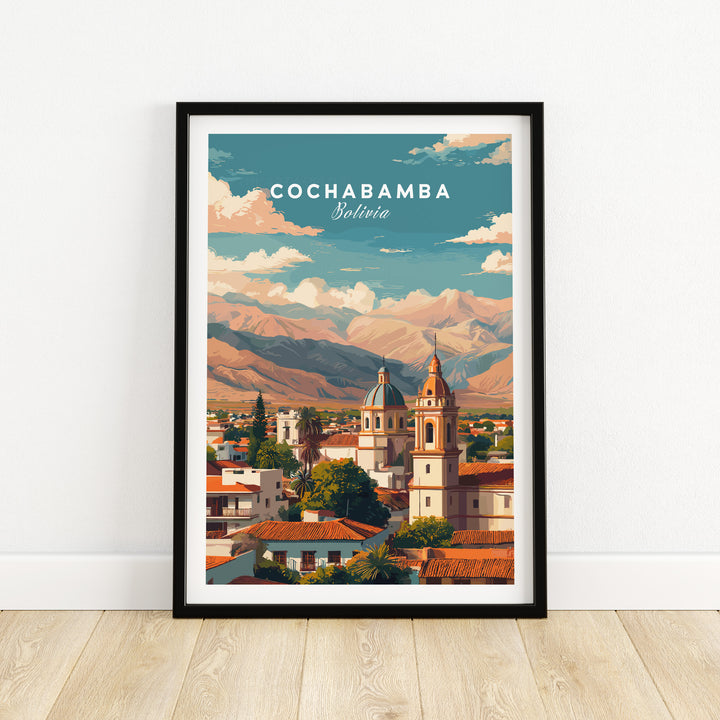 Cochabamba Bolivia cityscape poster featuring Andean mountains and vibrant urban architecture.