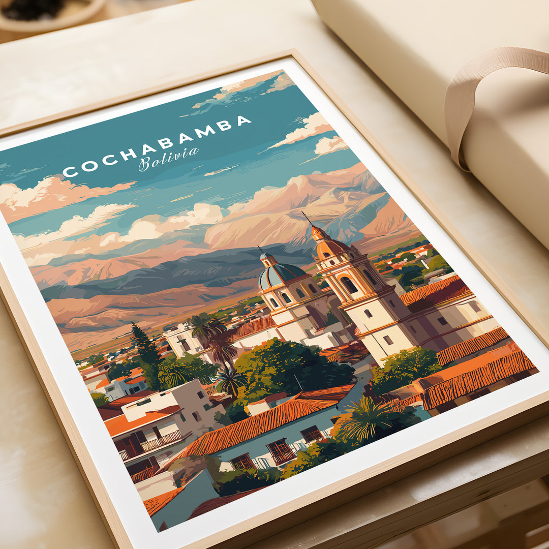 Cochabamba Bolivia cityscape poster featuring Andes mountains and urban architecture in vibrant colors.