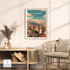Cochabamba Bolivia Cityscape Mountains Poster - Andean Travel Wall Art displayed in a stylish living space.