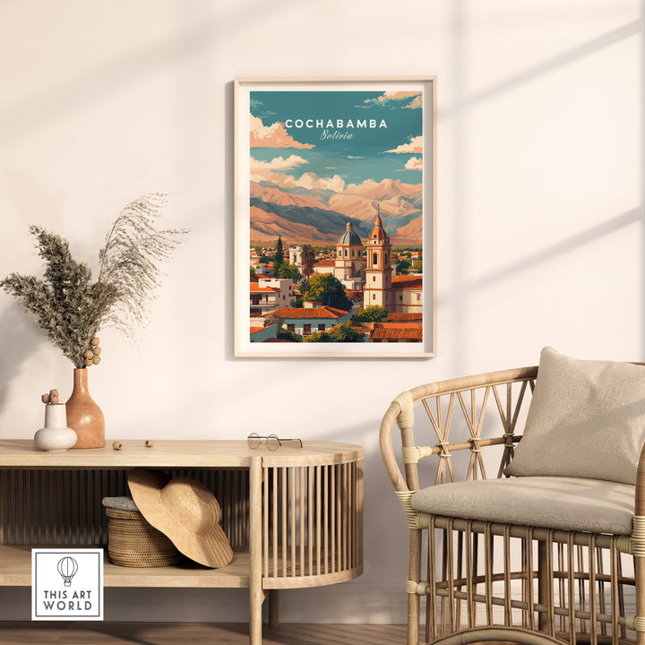 Cochabamba cityscape mountains poster showcasing urban and natural beauty in a stylish interior setting.