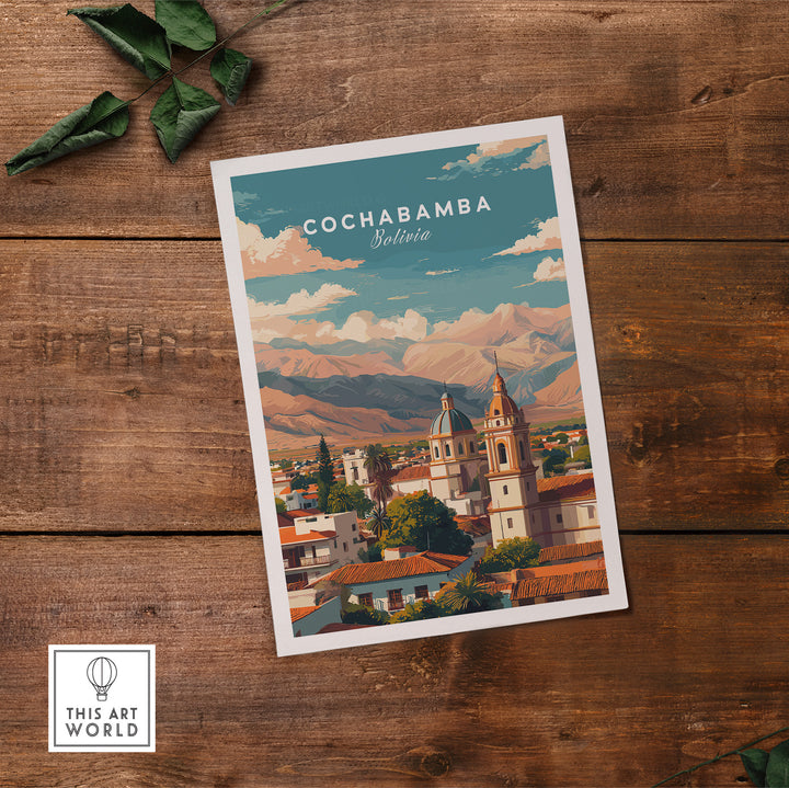 Cochabamba Bolivia cityscape poster featuring mountains and urban views, perfect for travel wall art enthusiasts.