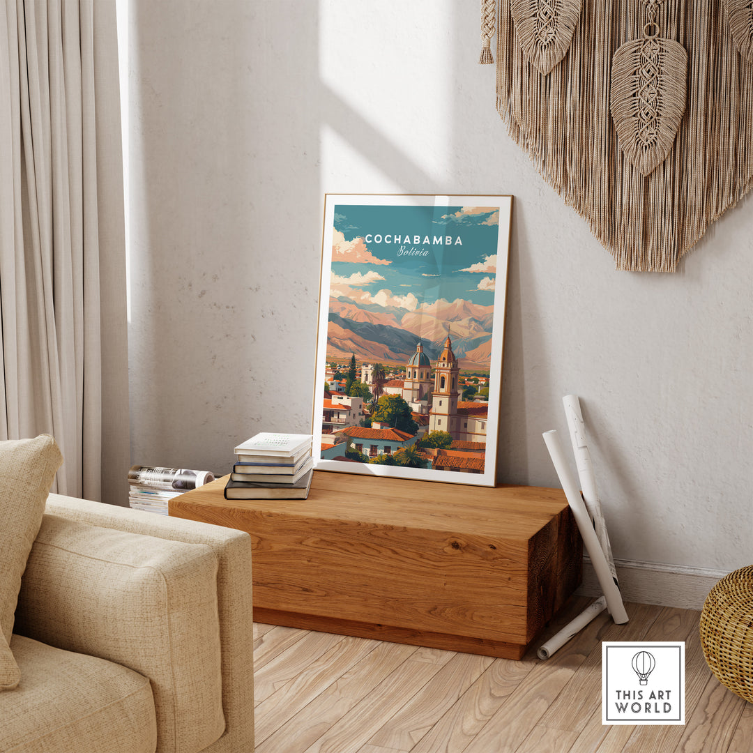 Cochabamba Bolivia cityscape mountains poster showcasing urban life and Andes, perfect Andean travel wall art.