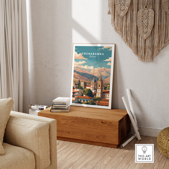 Cochabamba Bolivia cityscape mountains poster showcasing urban life and Andes, perfect Andean travel wall art.