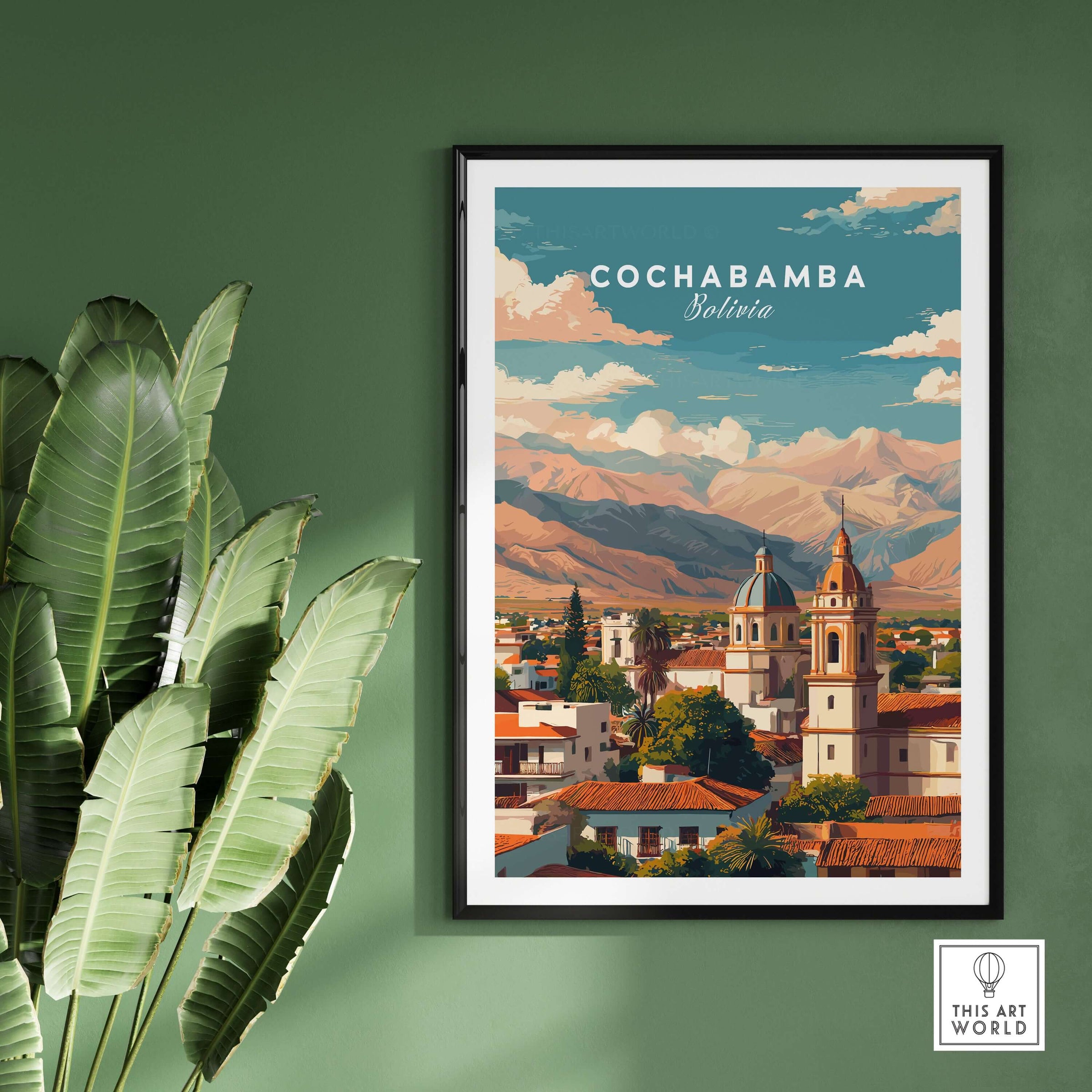 Cochabamba Bolivia Cityscape Mountains Poster - Andean Travel Wall Art showcasing vibrant city and Andes.