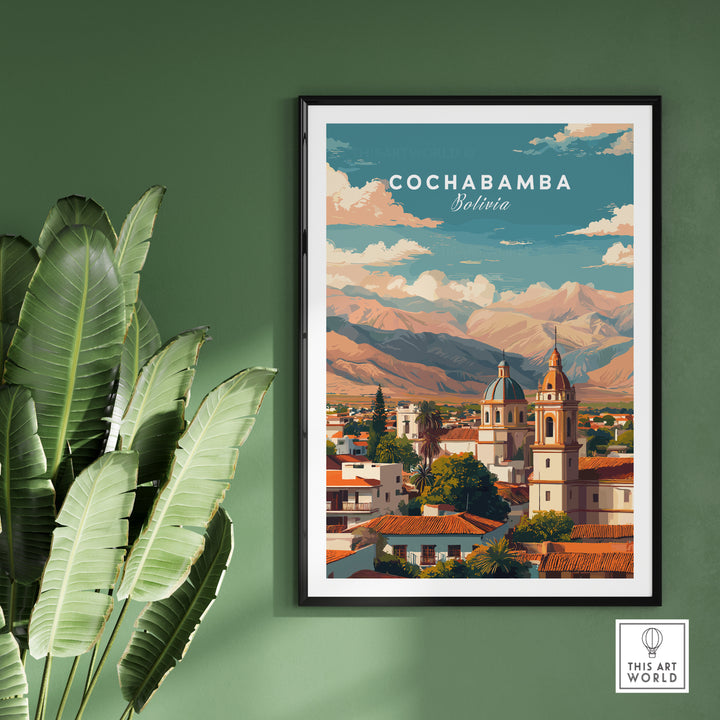 Cochabamba Bolivia cityscape poster featuring mountains and urban life, framed and displayed with houseplants.