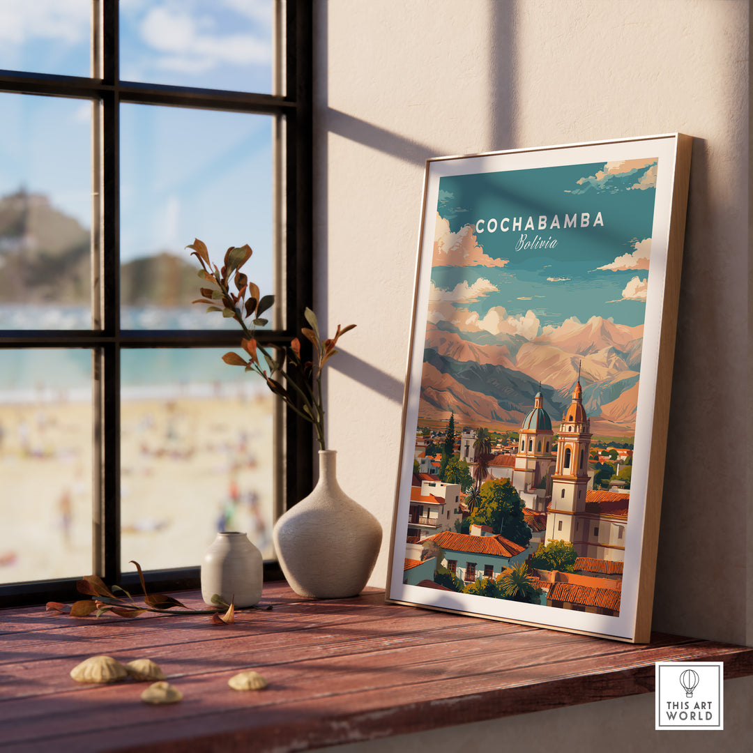 Cochabamba Bolivia cityscape mountain poster displayed on a table, featuring vibrant colors and Andean scenery.