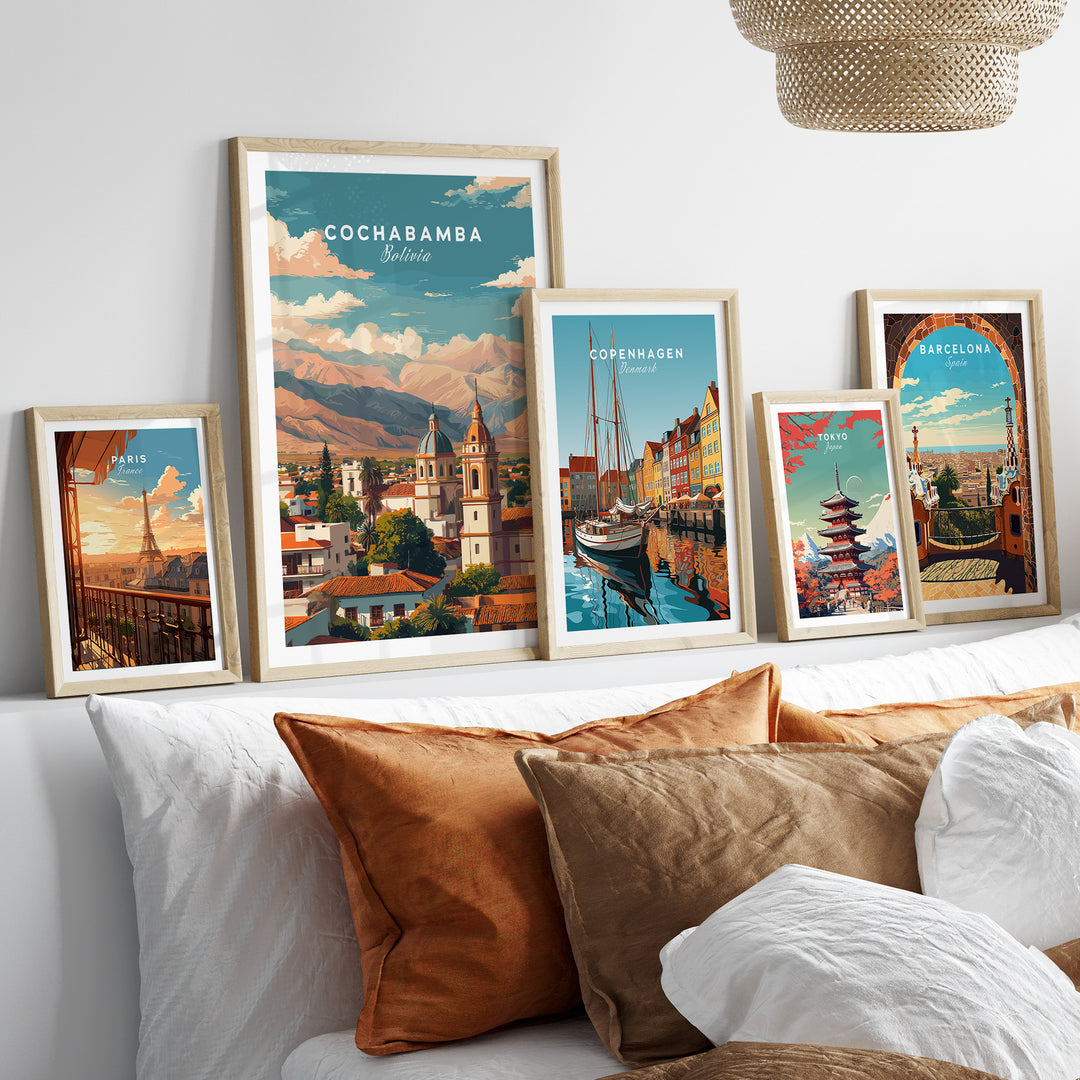 Cochabamba Bolivia cityscape poster and Andean travel wall art displayed in cozy living room setting.