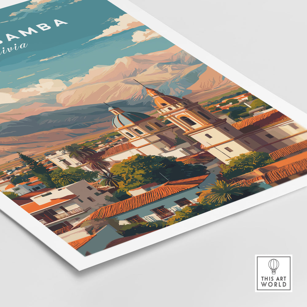 Cochabamba Bolivia cityscape poster featuring mountains and urban architecture, perfect for travel-themed wall art.