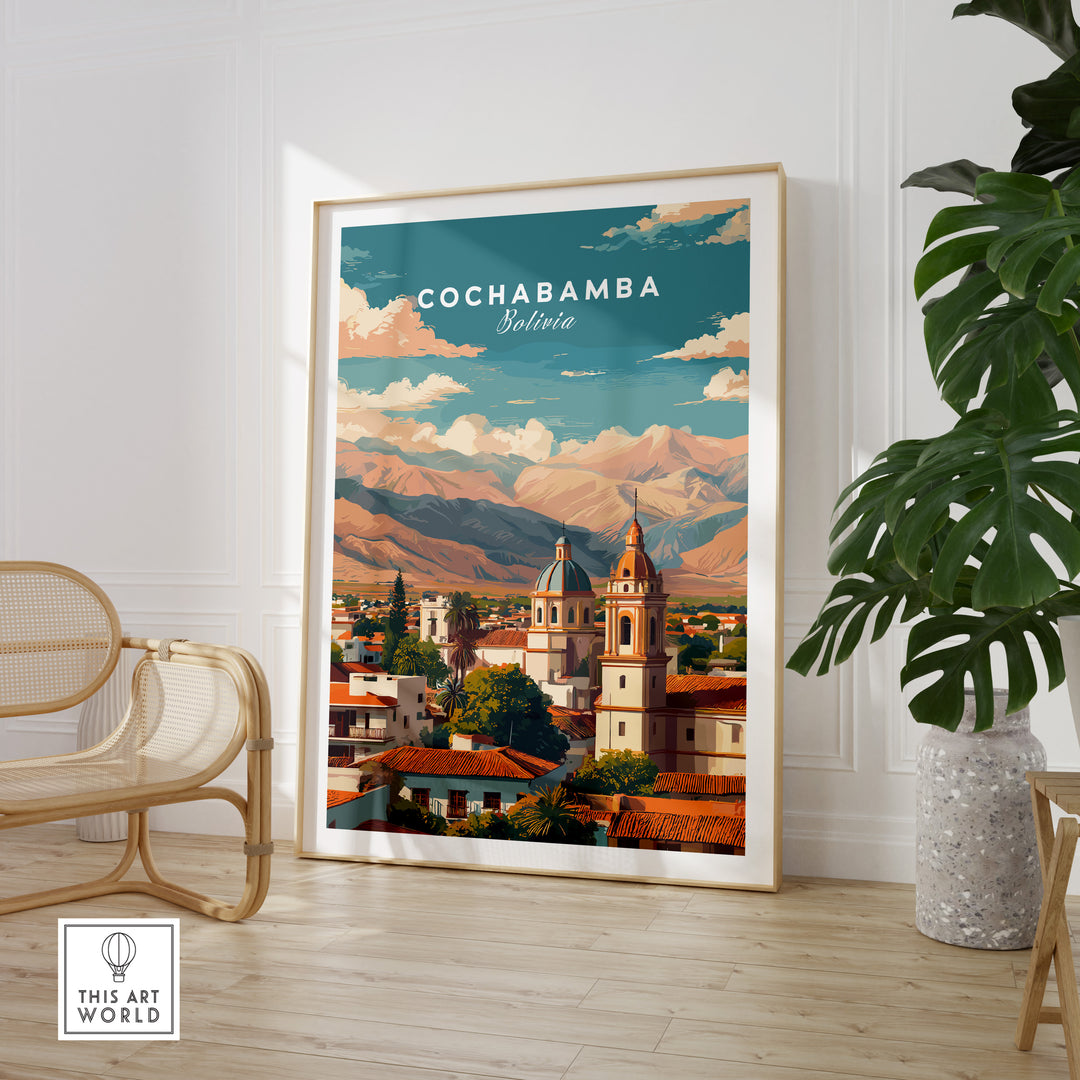 Cochabamba Bolivia cityscape poster featuring Andean mountains and vibrant urban architecture.