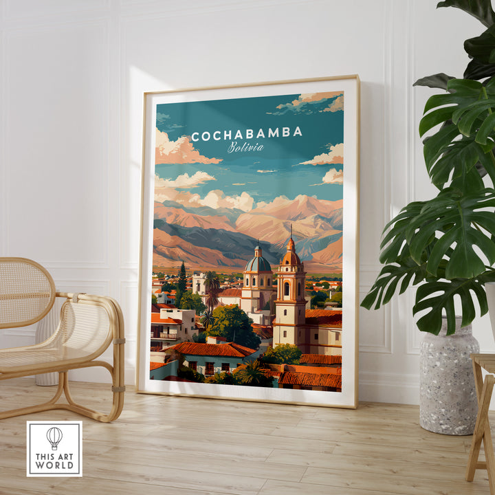 Cochabamba Bolivia cityscape poster featuring Andean mountains and vibrant urban architecture.
