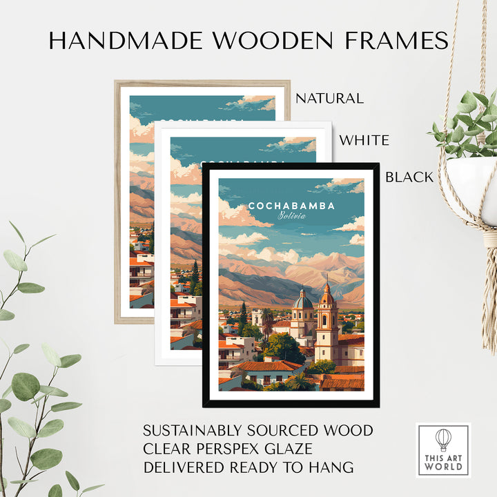 Handmade wooden frames in natural, white, and black for Cochabamba Bolivia cityscape poster, ready to hang.