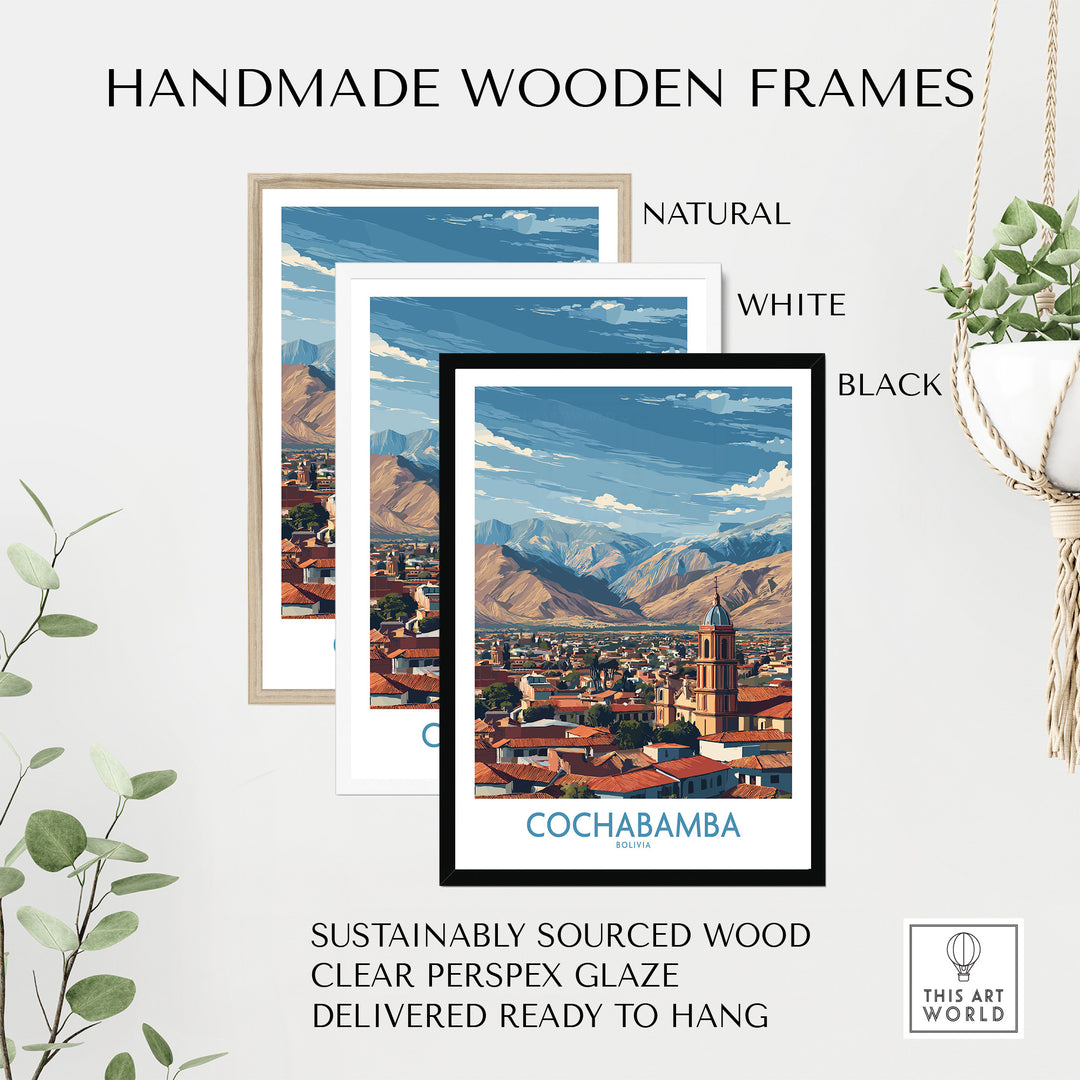 Handmade wooden frames in natural, white, and black for Cochabamba Bolivia city art, made from sustainable wood.
