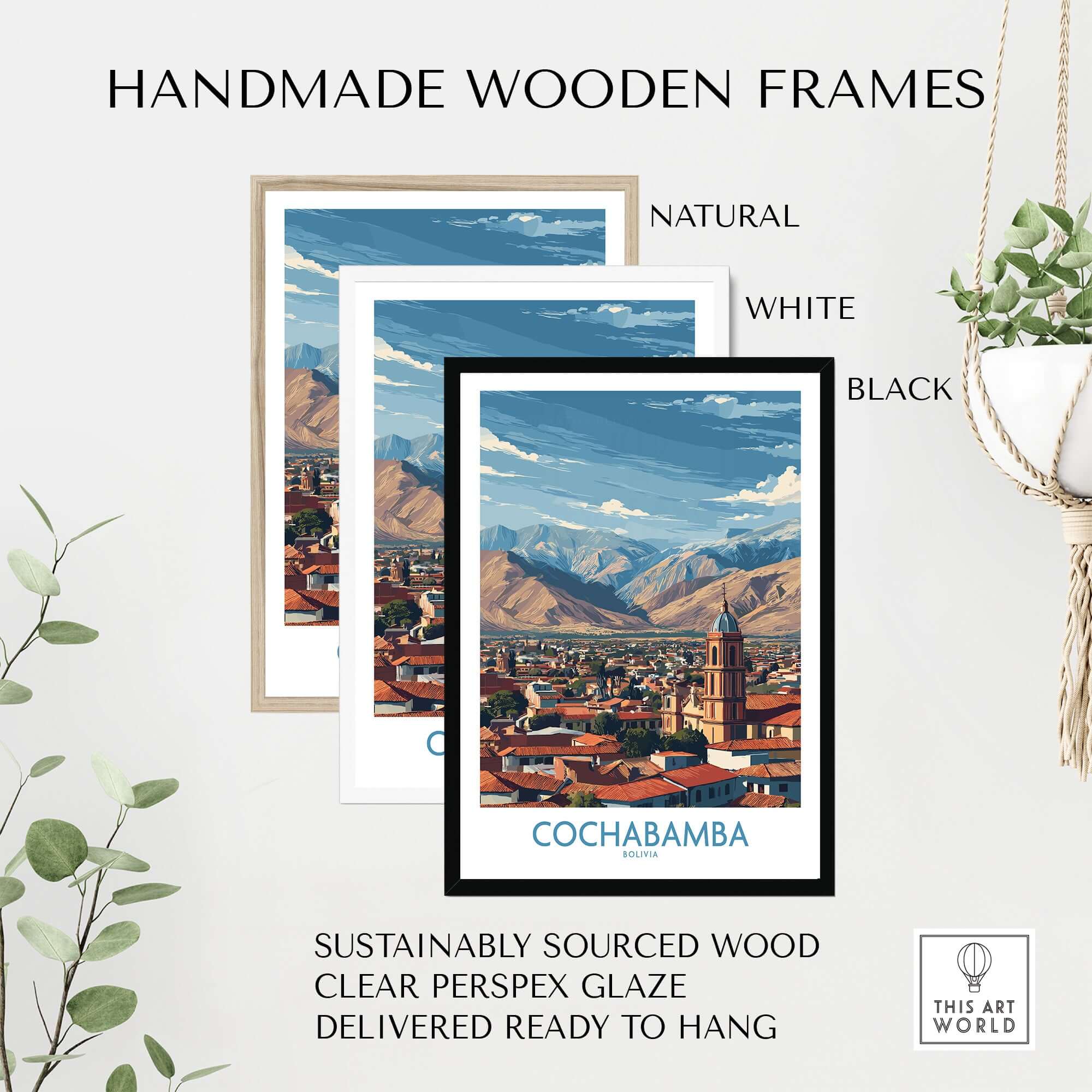 Cochabamba Bolivia City Wall Art - Bolivian Travel Decor framed in handmade wooden frames