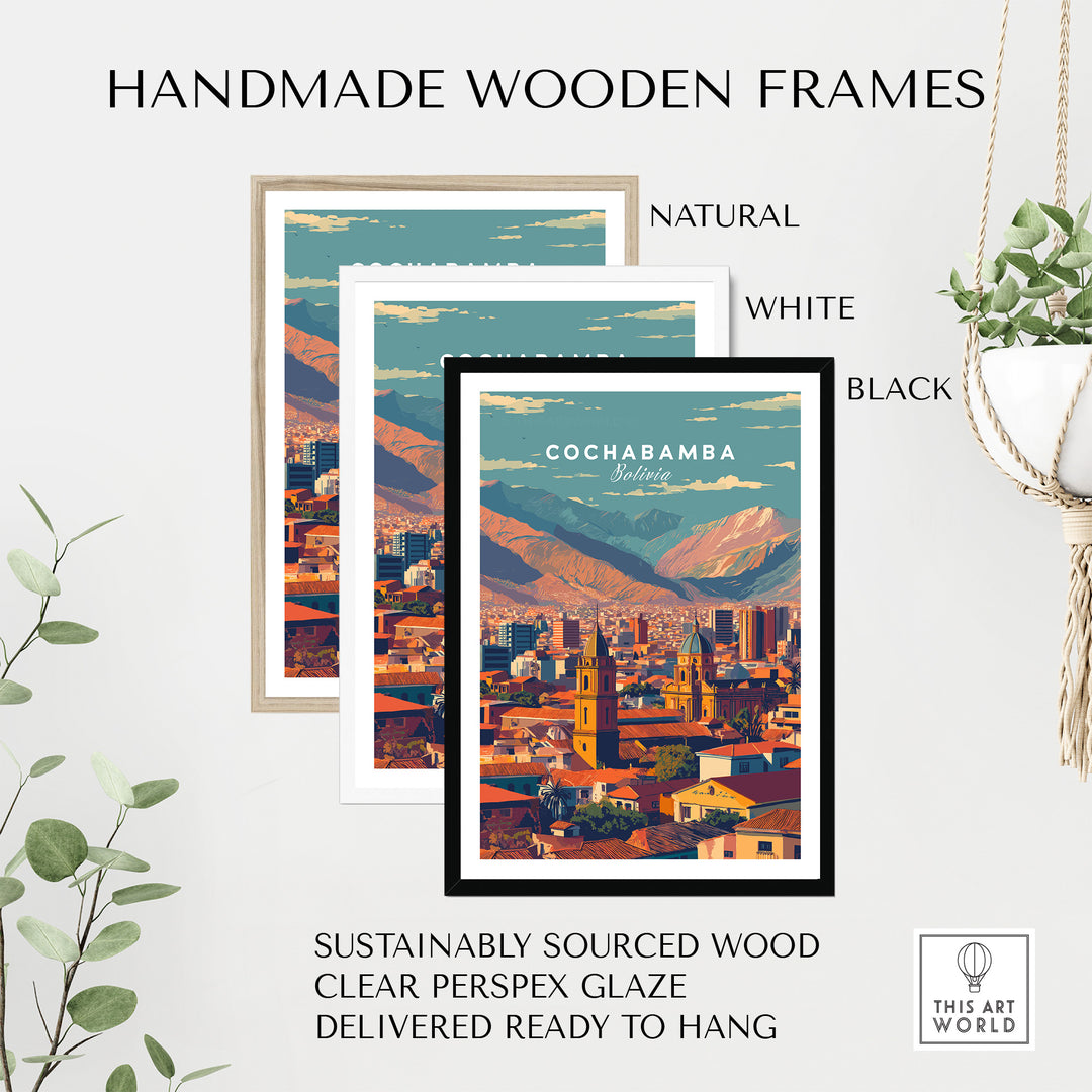 Cochabamba Bolivia cityscape poster in handmade wooden frames, showcasing natural, white, and black options.