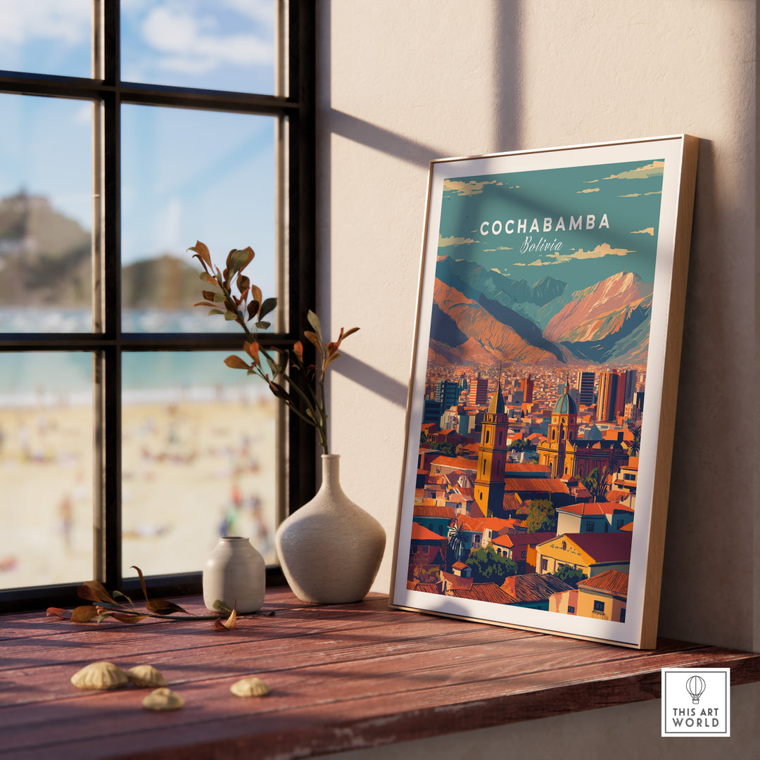 Cochabamba Bolivia modern cityscape poster displayed in a sunny interior with a view of the beach.