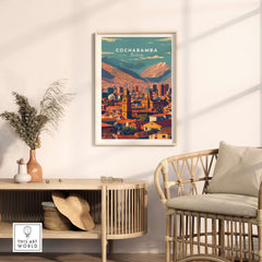 Cochabamba Bolivia Modern Cityscape Poster - Urban South America Print displayed in a stylish interior setting.