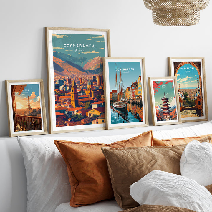 Cochabamba Bolivia modern cityscape poster displayed with other urban prints on a cozy couch.