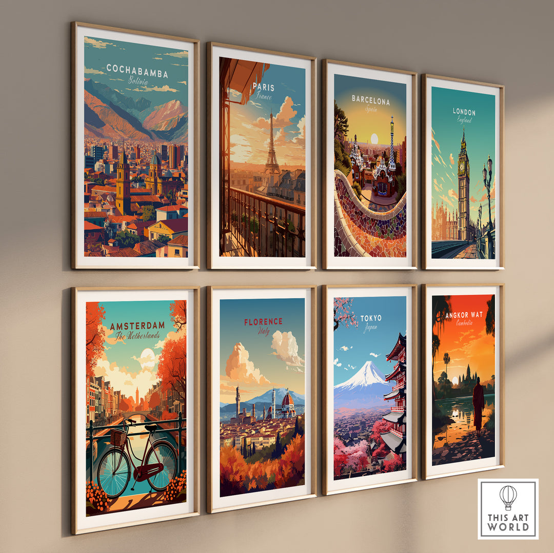Gallery of global cityscape posters including Cochabamba, Paris, and Tokyo, showcasing urban art inspiration.
