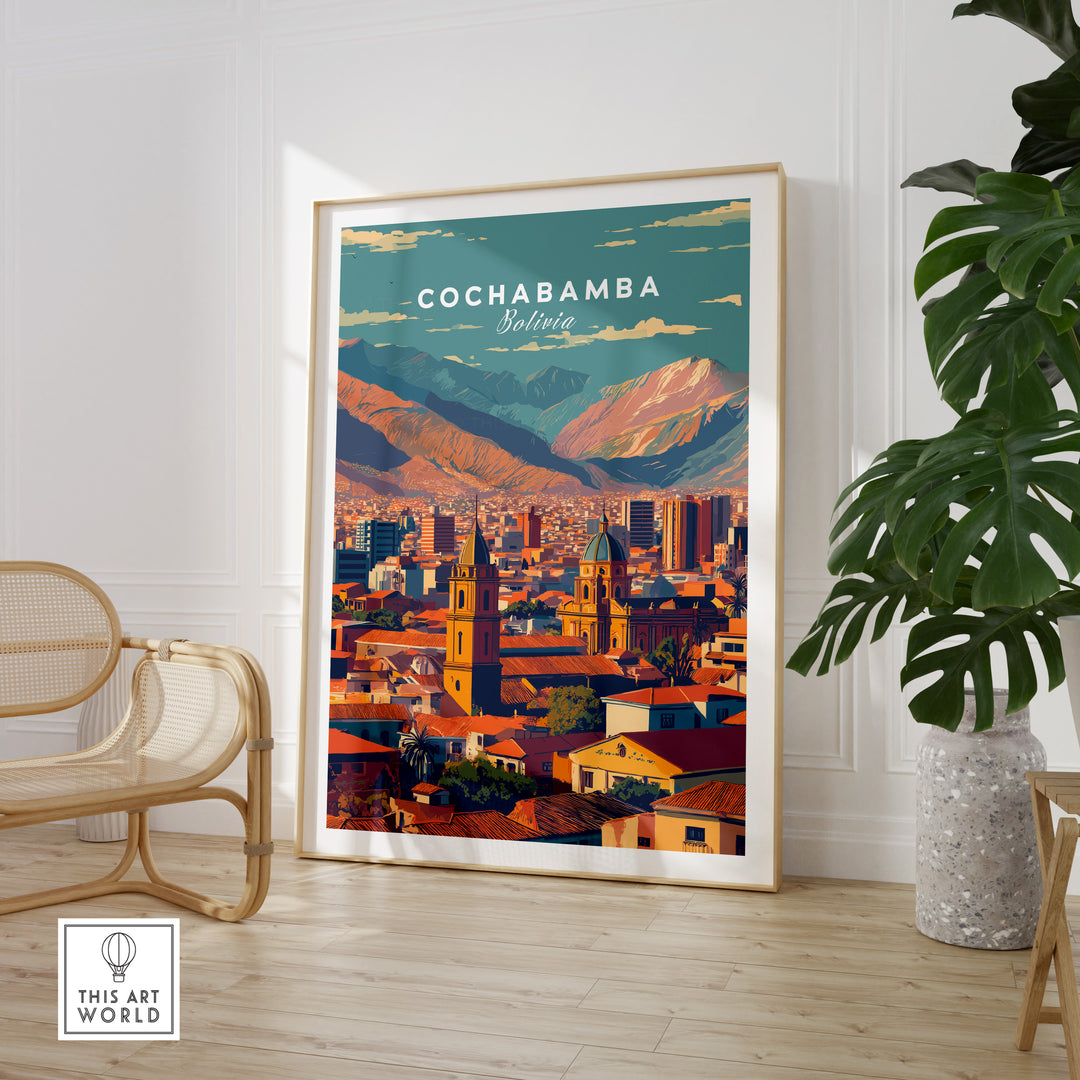 Cochabamba Bolivia modern cityscape poster showcasing vibrant urban landscape and cultural heritage.