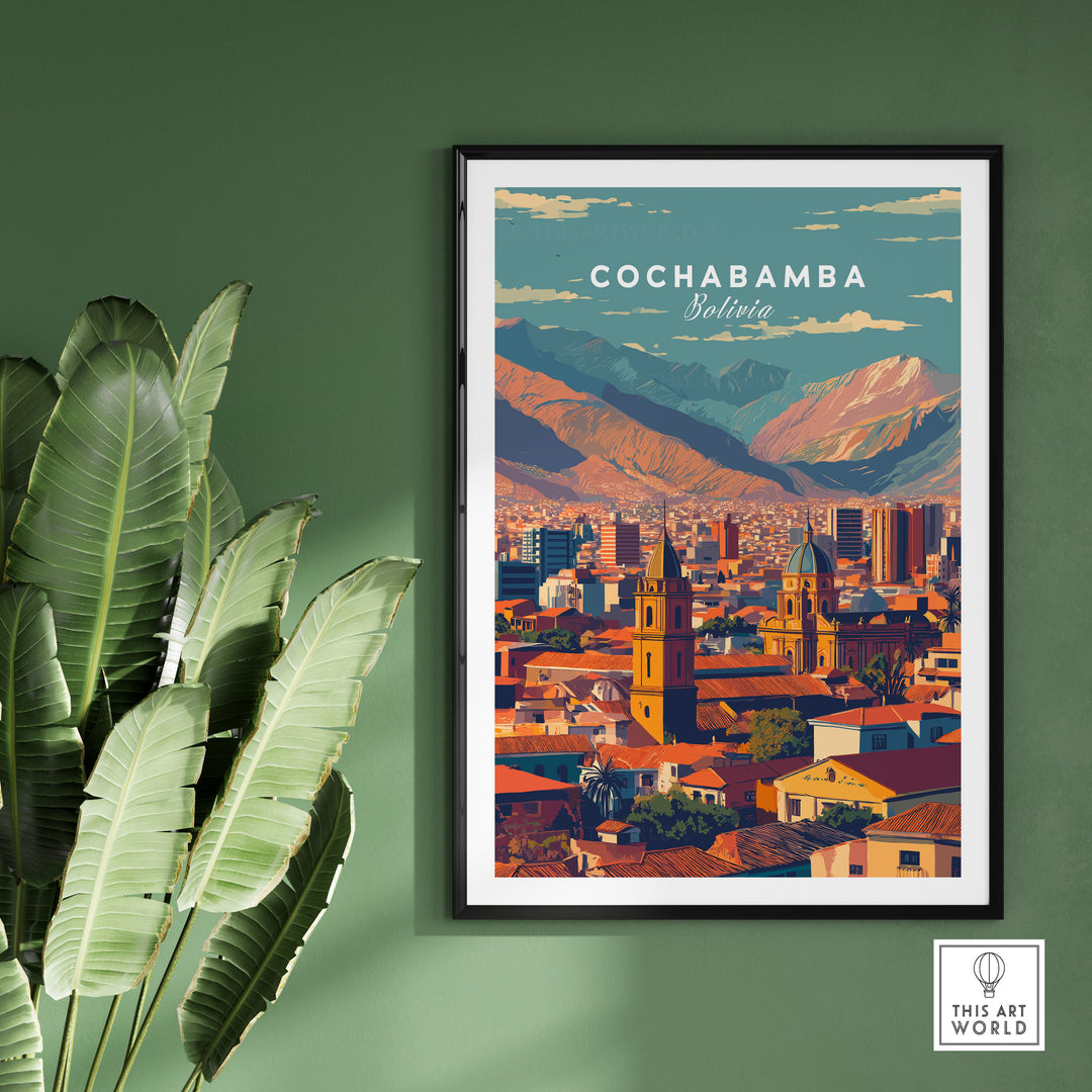 Cochabamba Bolivia modern cityscape poster showcasing vibrant urban landscape with mountains in backdrop.