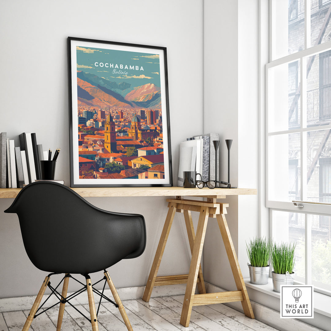 Cochabamba Bolivia modern cityscape poster displayed in a stylish home office setting with contemporary decor.