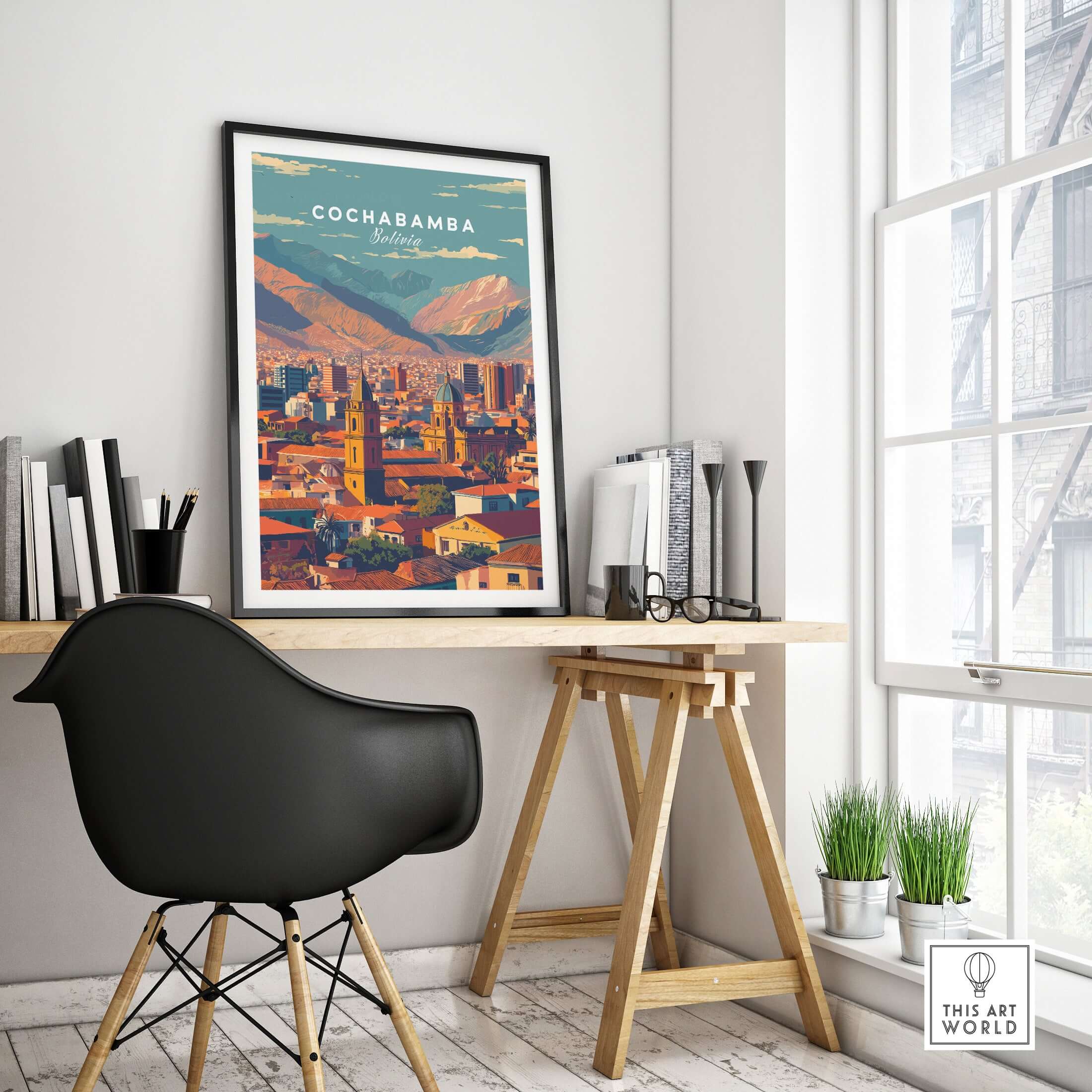 Cochabamba Bolivia Modern Cityscape Poster - Urban South America Print showcased in a stylish workspace.