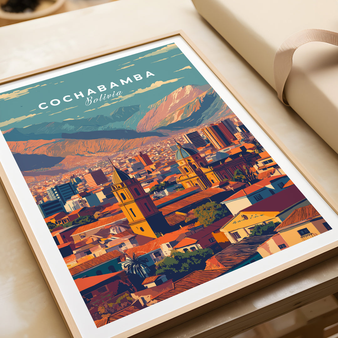 Cochabamba Bolivia modern cityscape poster featuring vibrant urban landscape and mountains.