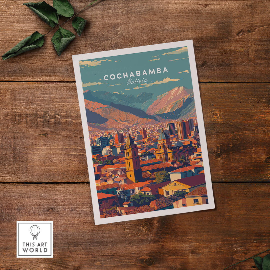Cochabamba Bolivia modern cityscape poster showing urban landscape and mountains in vibrant colors.