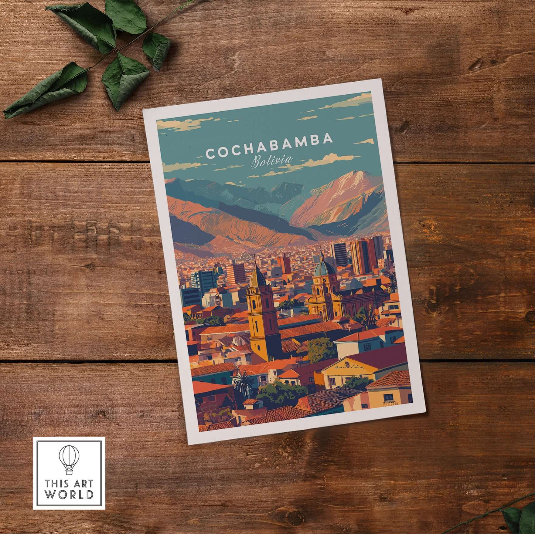 Cochabamba Bolivia Modern Cityscape Poster - Urban South America Print on a wooden table surrounded by leaves.