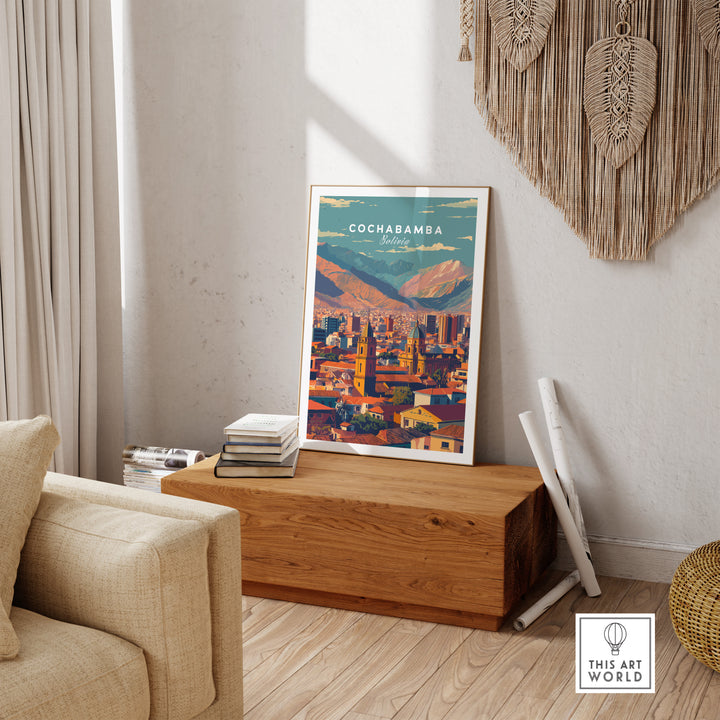Cochabamba Bolivia modern cityscape poster showcasing urban landscapes in a stylish living room setting.