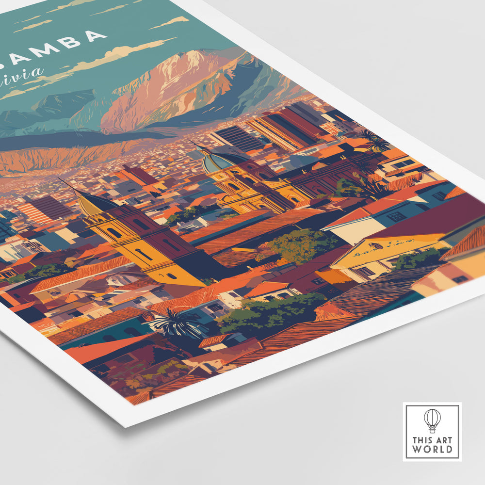 Cochabamba Bolivia modern cityscape poster showcasing vibrant urban landscapes and cultural heritage.