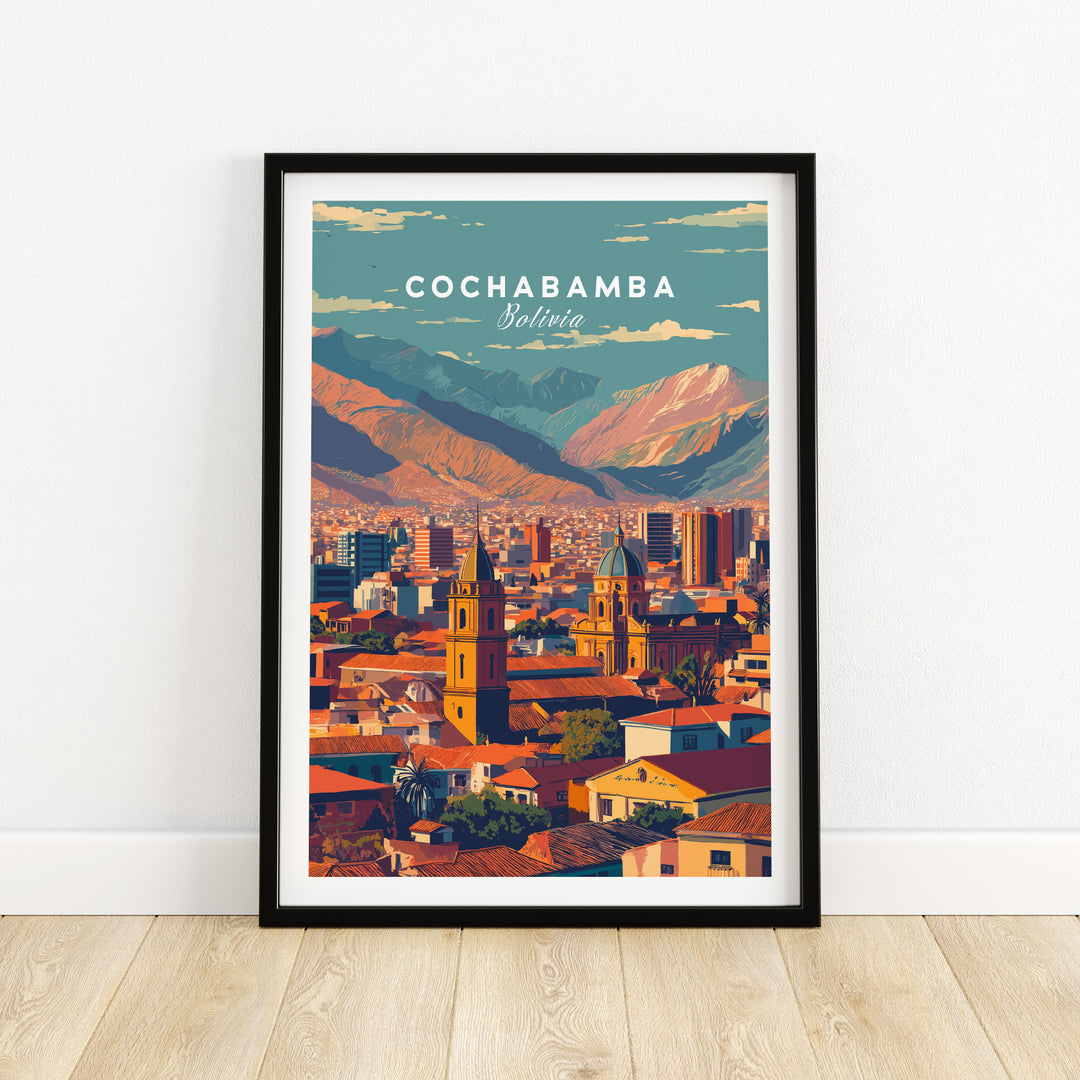 Cochabamba Bolivia modern cityscape poster featuring urban landscape and mountains, vibrant colors, and cultural heritage.