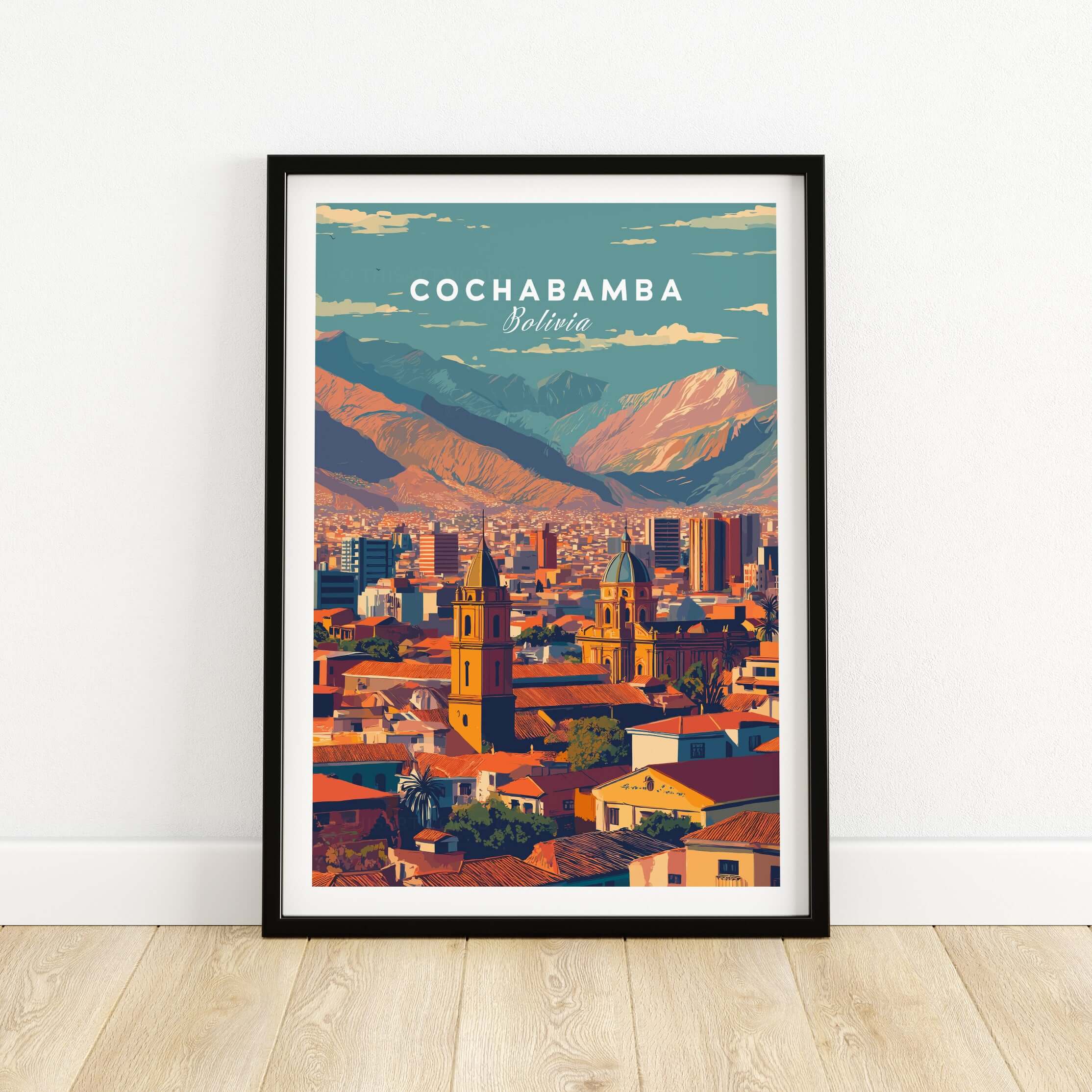 Cochabamba Bolivia Modern Cityscape Poster - Urban South America Print showcasing a vibrant urban landscape.