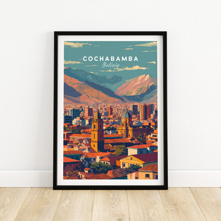 Cochabamba Bolivia modern cityscape poster featuring urban landscape and mountains, vibrant colors, and cultural heritage.