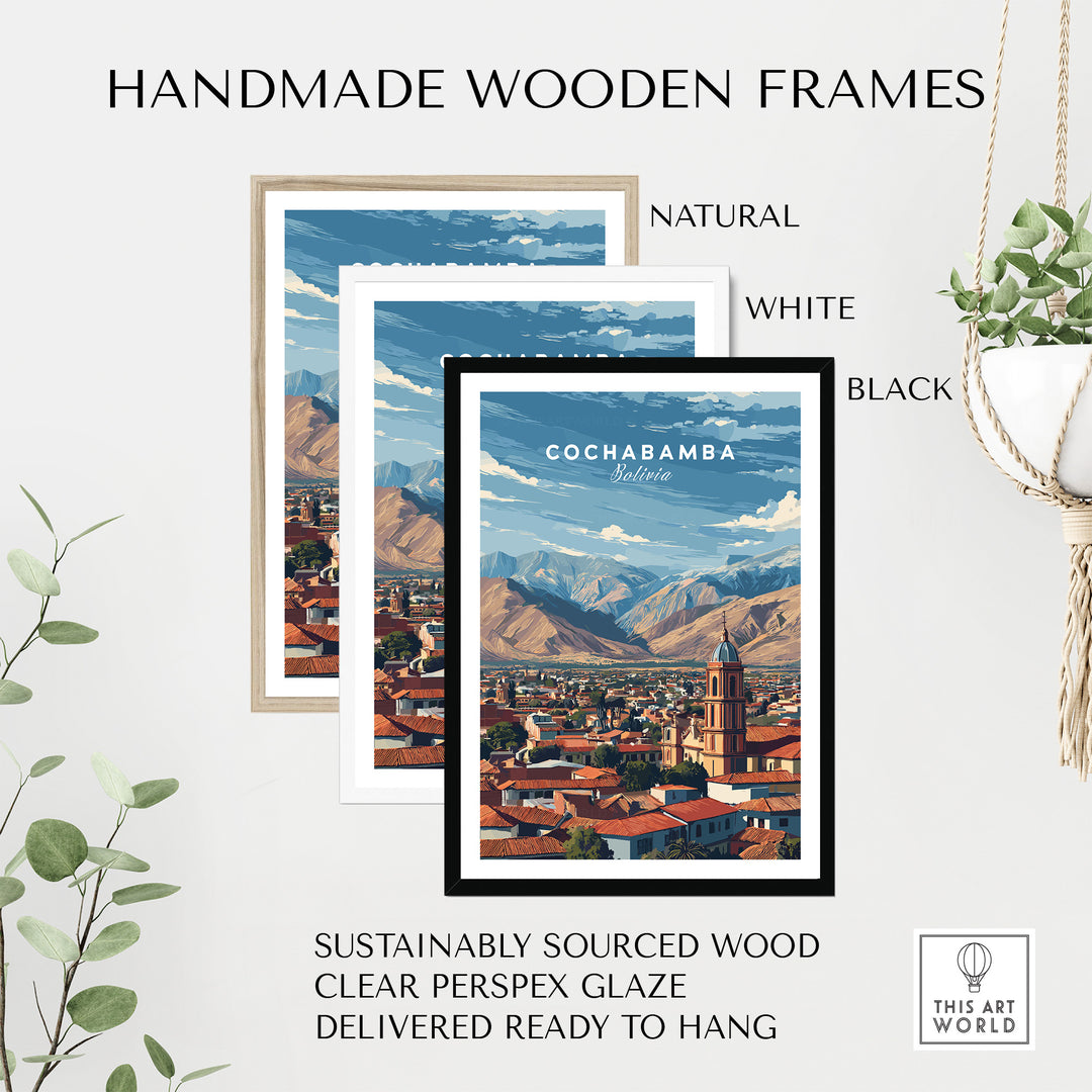 Handmade wooden frames displaying Cochabamba mountain city poster in natural, white, and black finishes.