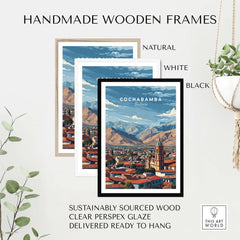 Cochabamba Bolivia Mountain City Poster - Dramatic Andes Landscape Print in handmade wooden frames of different colors.