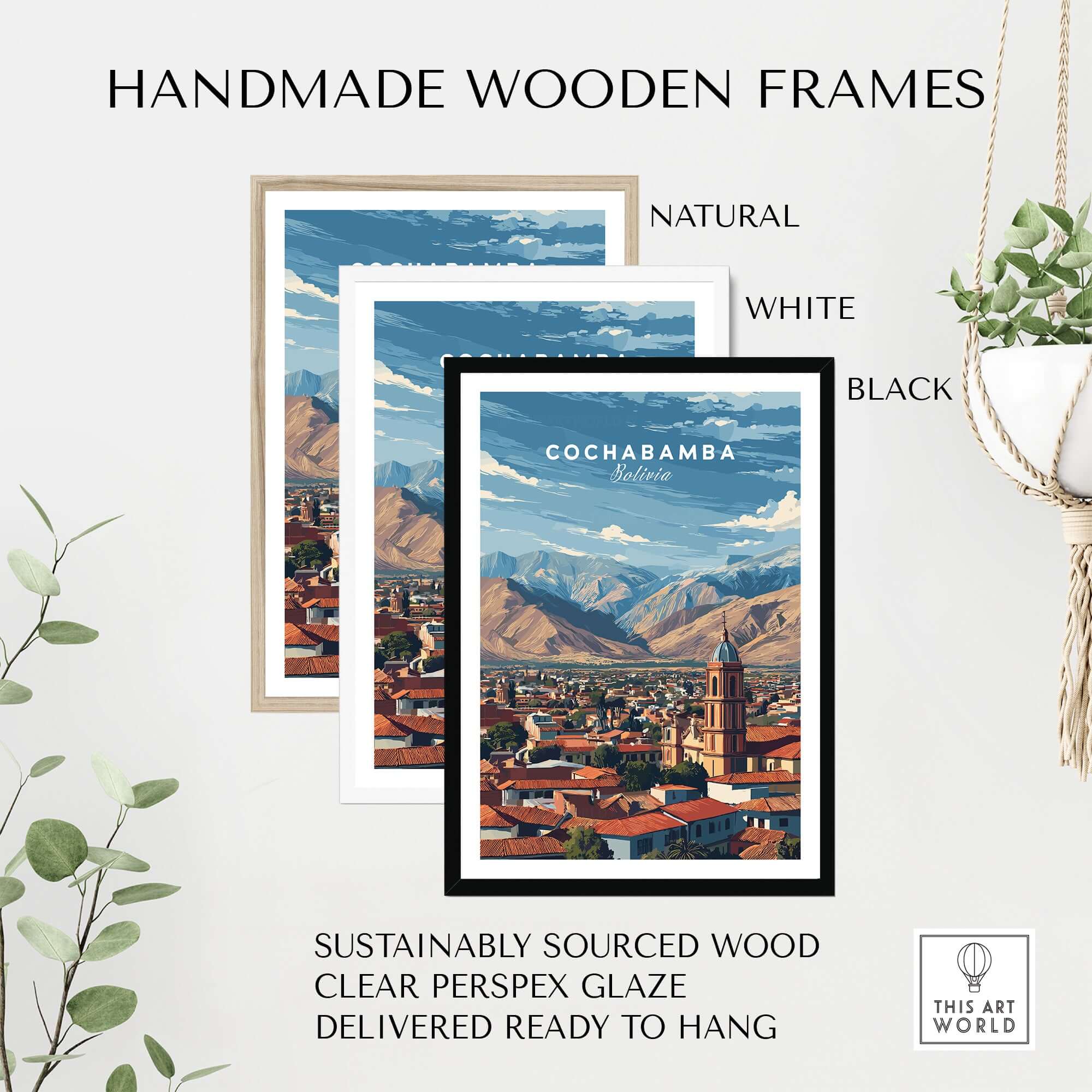 Cochabamba Bolivia Mountain City Poster - Dramatic Andes Landscape Print in handmade wooden frames of different colors.