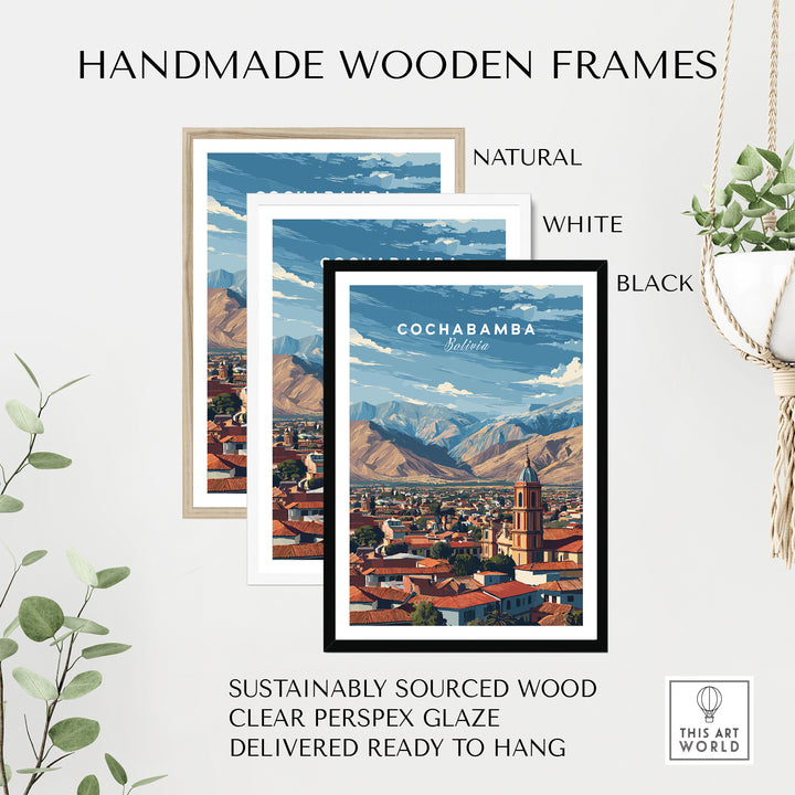 Handmade wooden frames displaying Cochabamba mountain city poster in natural, white, and black finishes.