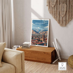 Cochabamba Bolivia Mountain City Poster - Dramatic Andes Landscape Print displayed in a cozy living room setting.